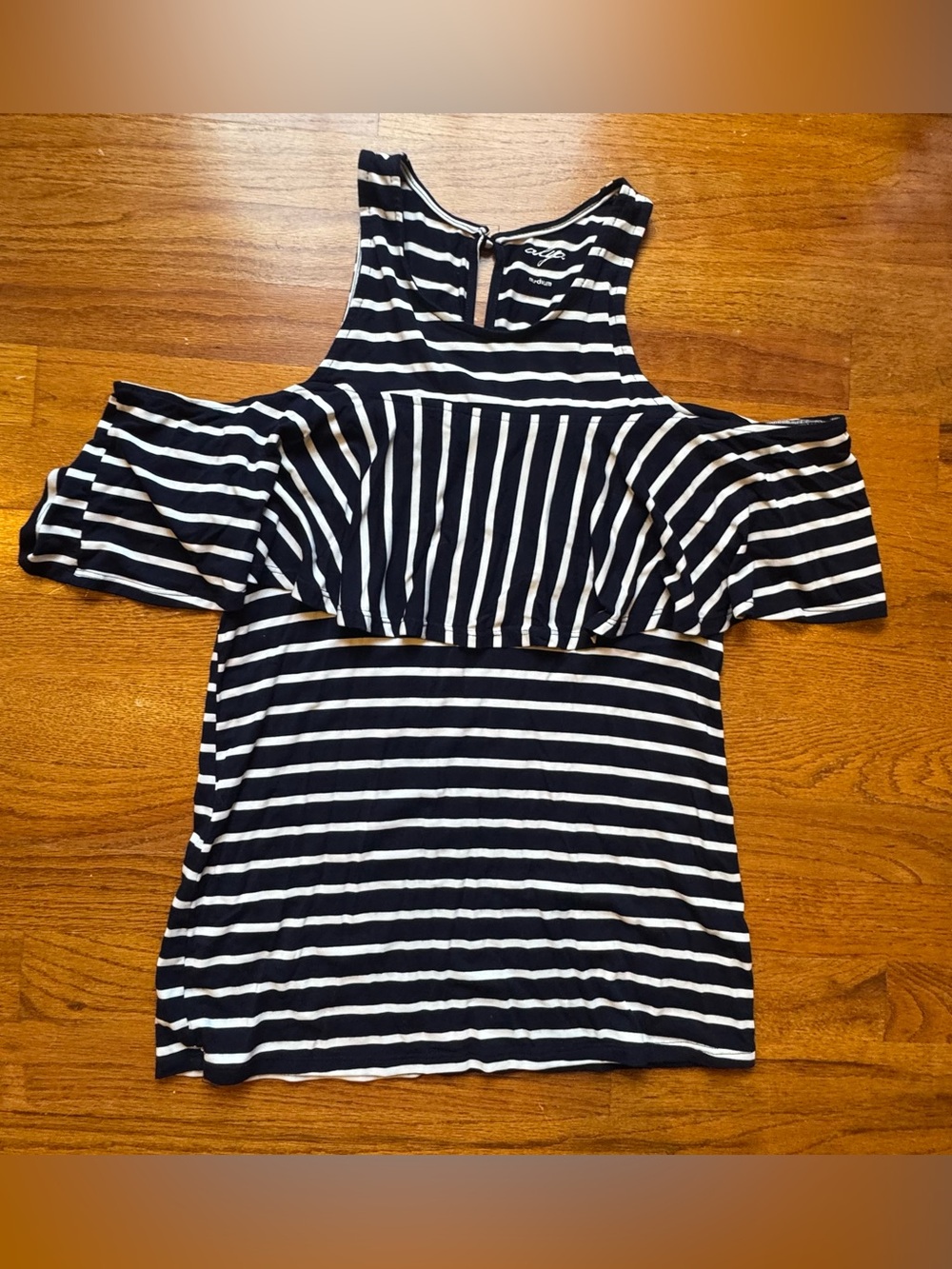 Alya Navy and White Striped Cold-Shoulder Tank Top